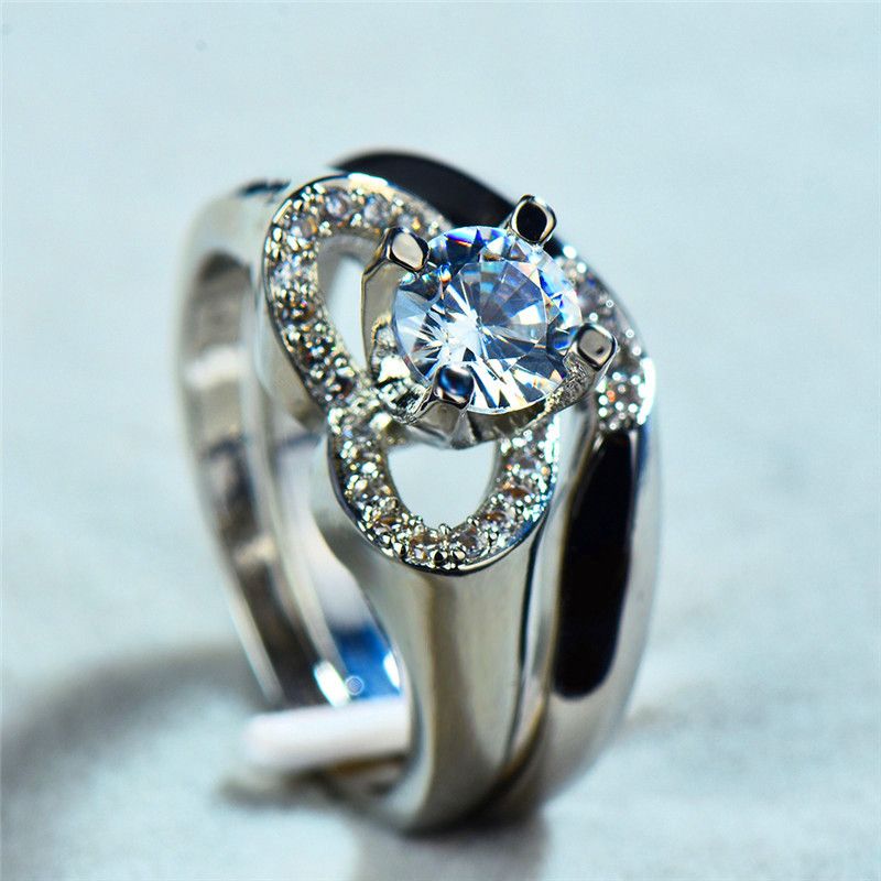 Boho Female Crystal White Wedding Ring Set Luxury 925 Silver Heart
