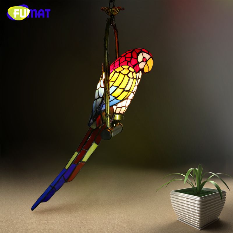 Fumat Stained Glass Parrot Light Antique Art Bird Pendant Lamp Living Room Shade Fixture Led Lights