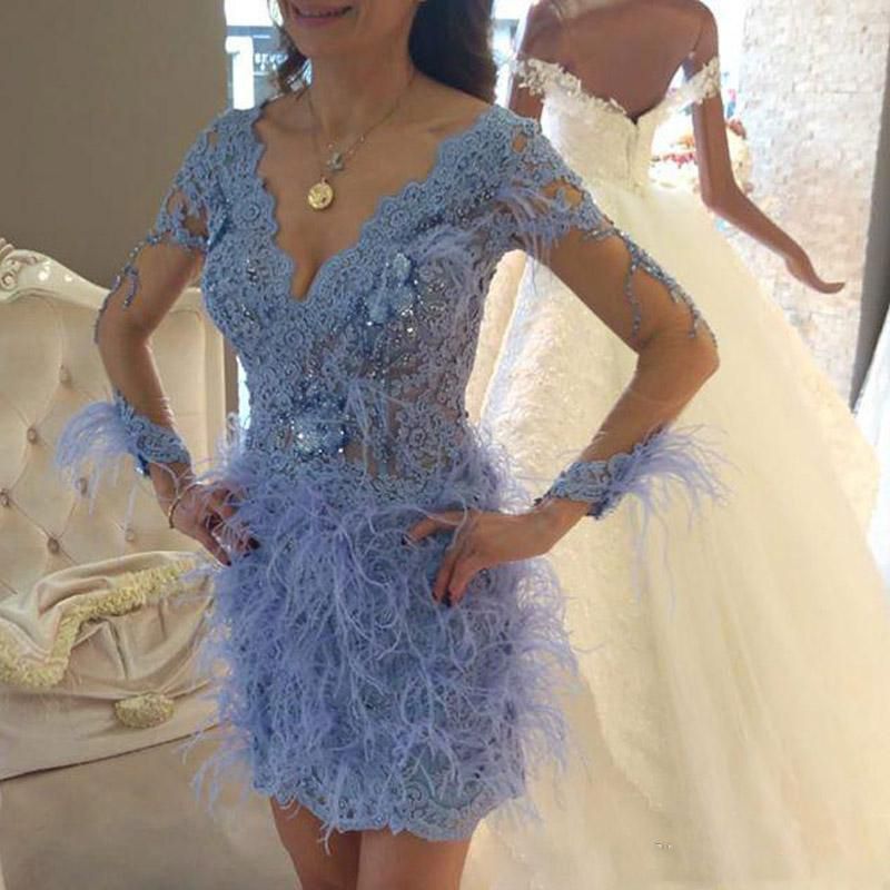 Blue Lace Feather Short Cocktail Party Dresses With Illusion Long ...