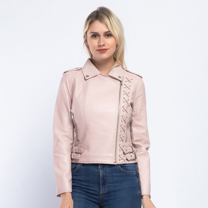 Brand 2019 Pu Leather Jacket Women Fashion Pink Motorcycle Coat Short Lace Up Biker Soft Female Ao902