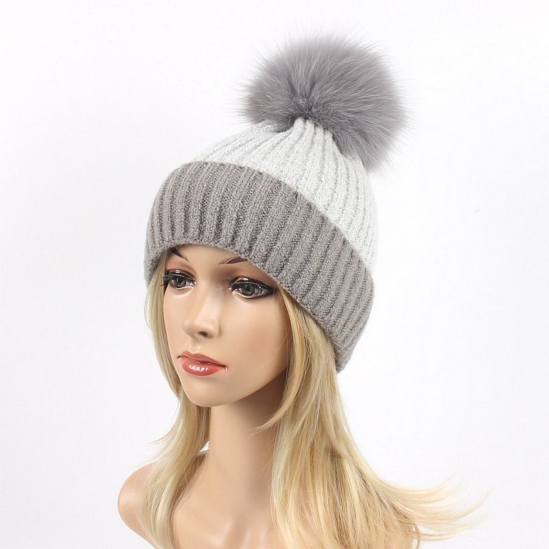 Nouveau Hiver Tricot Femmes Chapeau deux fourrure Beanies chaud laine bonnet Beanie Pom Girls Chapeaux