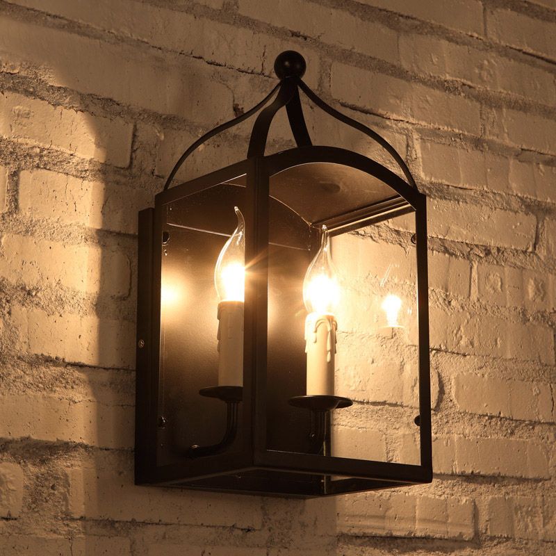 Industrial Loft Vintage Metal 2 Light Black Lantern Wall Lamp Sconce Antique Fixture With Candelabra 110v