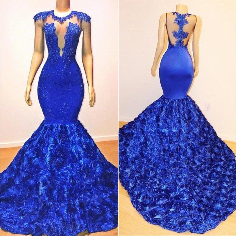 Sexy Royal Blue Mermaid Prom Dresses Sheer Neck Sleeveless Lace ...