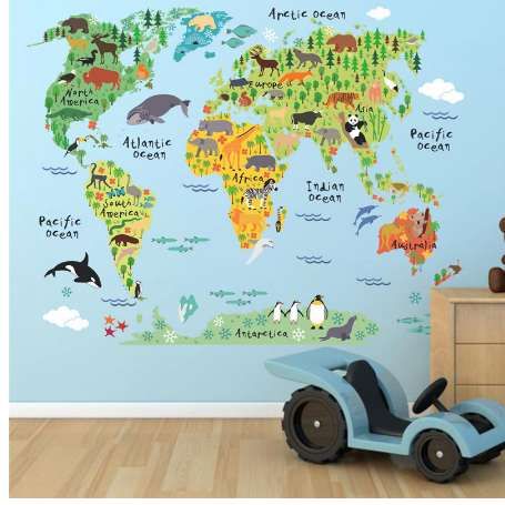 new 037 cartoon animals world map wall decals for kids rooms office