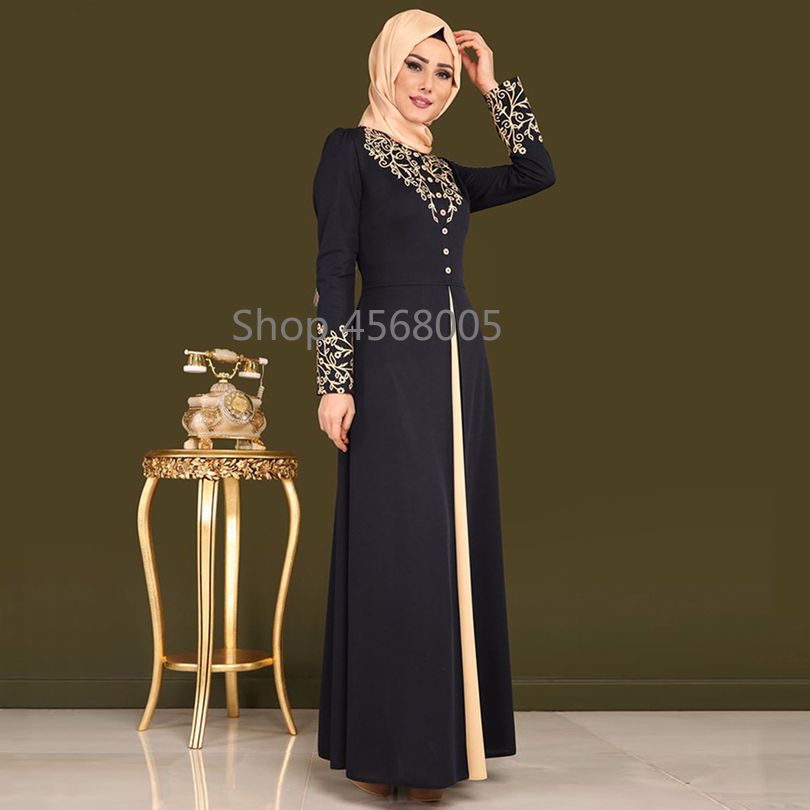 Großhandel Gold Stempeln Druck Muslim Kleid Frauen Dubai Abaya