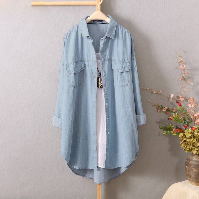 2021 Plus Size Tunic Women'S Denim Blue Blouse 2020 Elegant Shirt Long ...