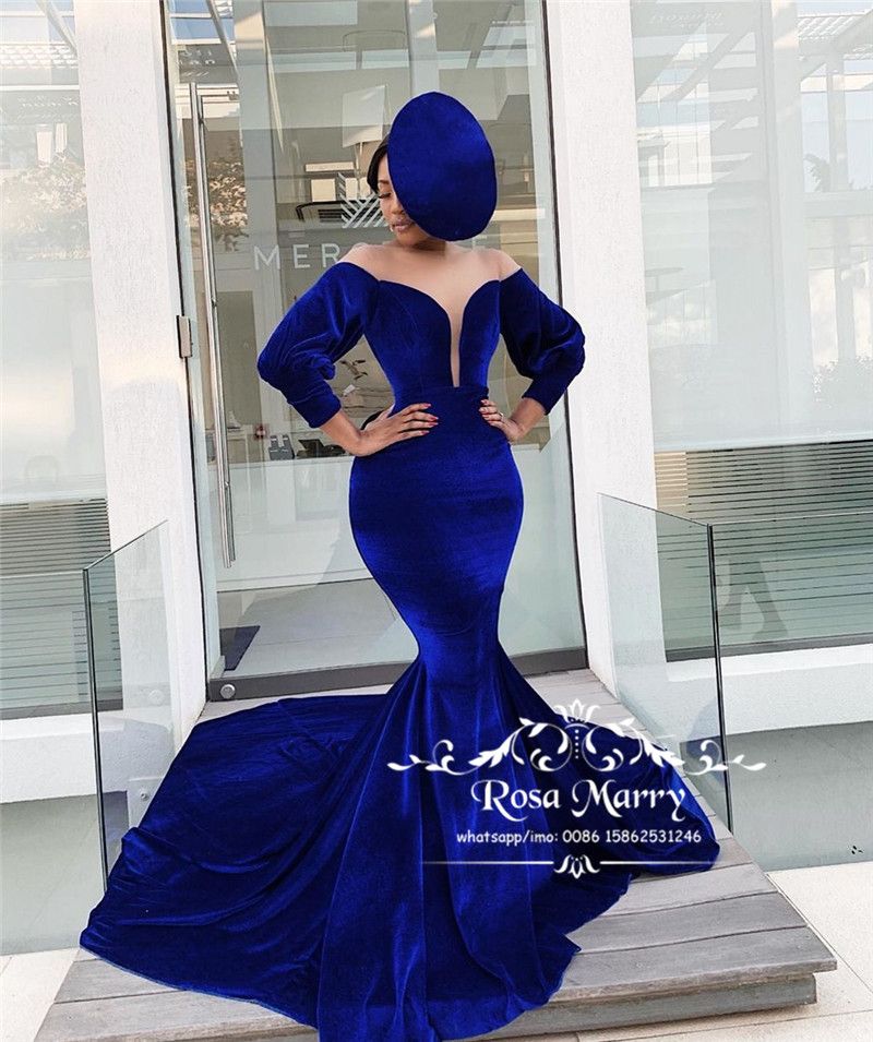 Sexy Royal Blue Velvet Mermaid Prom Dresses 2020 Plus Size Long