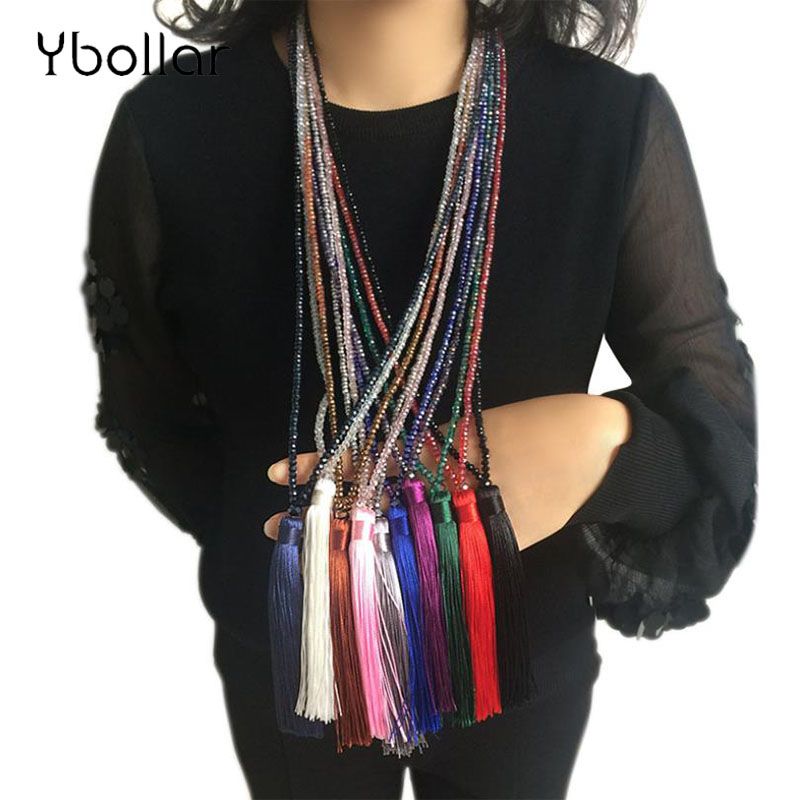 Boho Beaded Tassels Crystal Pendant Necklace Long Chain Sweater Women Jewelry