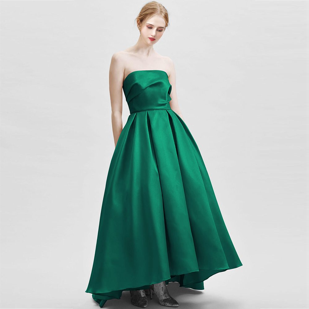 green strapless gown