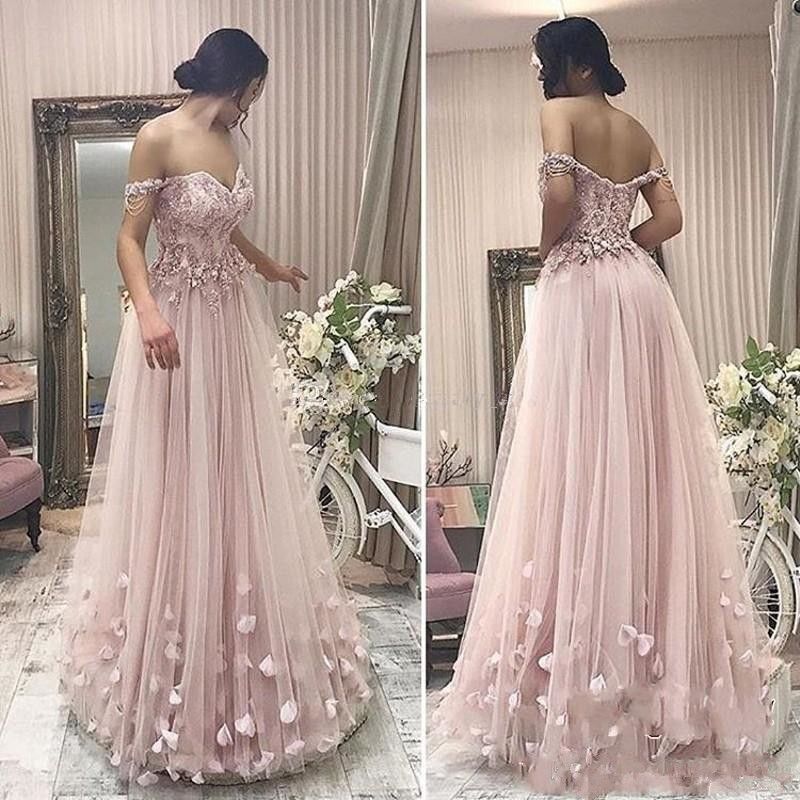2019 Dusky Pink Prom Dresses A Line Off Shoulder Lace Appliques 3D