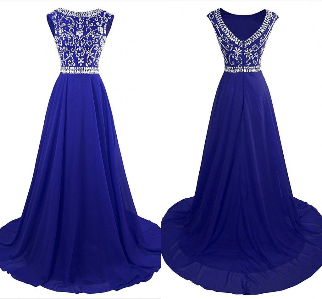 Real Image Royal Blue Prom Dresses Chiffon Bateau V Open Back