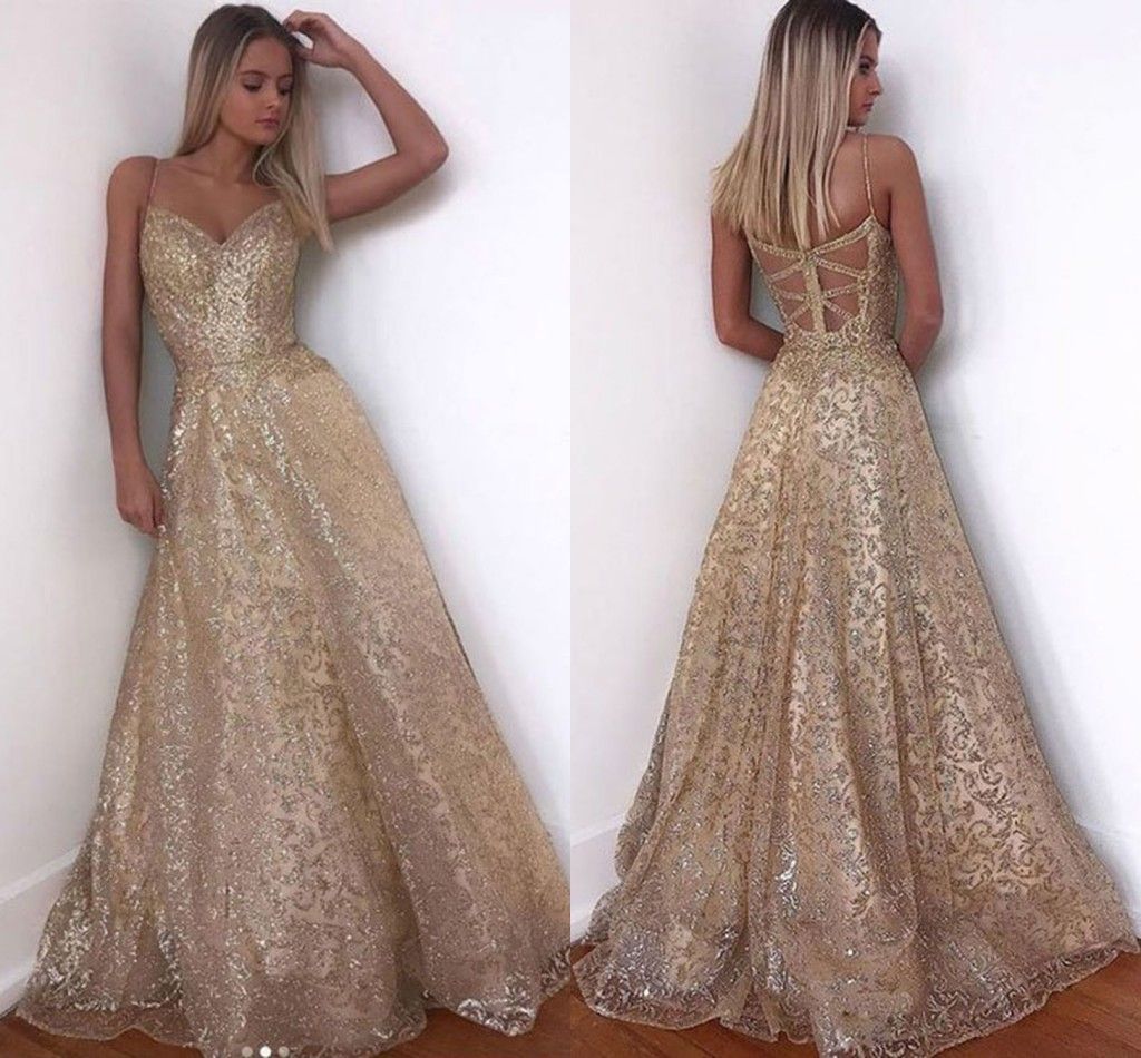 Gold Sparkle Sequins Long Formal Party Dresses Straps A Line Tulle Sexy