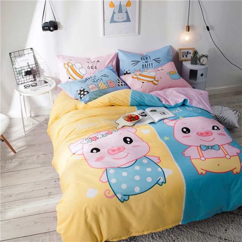 Cute Little Pig Print Cartoon Style Bedding Set Cotton Fabric 3 Or Cute Little Pig Print Cartoon Style Bedding Set Cotton Fabric 3 Or Twin Full Queen Size Duvet Cover Flatsheet Pillowcase Purple Covers