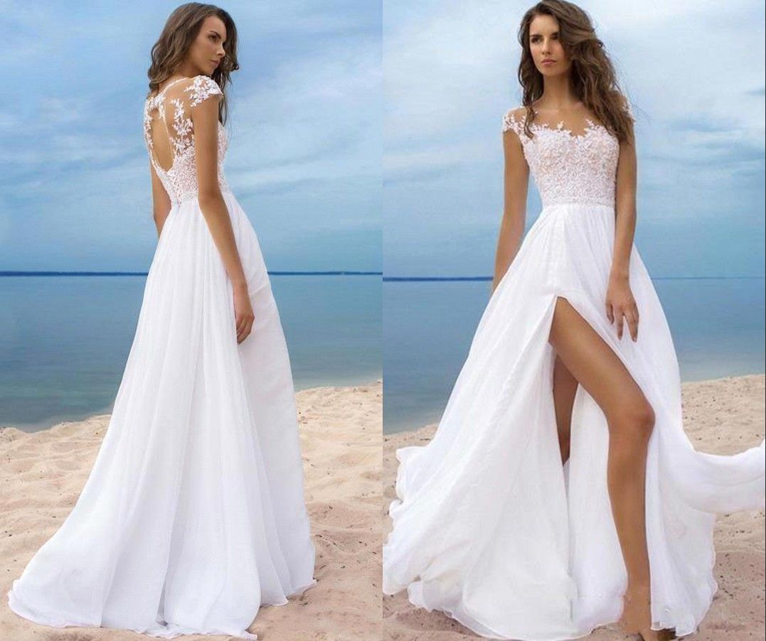 Sexy High Splits Beach Wedding Dresses Chiffon 2019 Cap Short