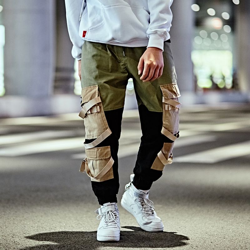 2021 Autumn Streetwear Cargo Pants Splice Pants Men Draw String Elastic ...