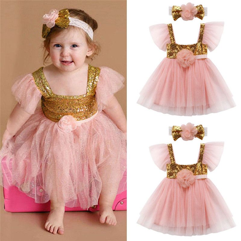 Highquality 2019 Summer Baby Girls Kids Newborn Short Sleeve Flowers New Fashion Kids Clothes Princess Dress Headband Kids Dresses Outfits