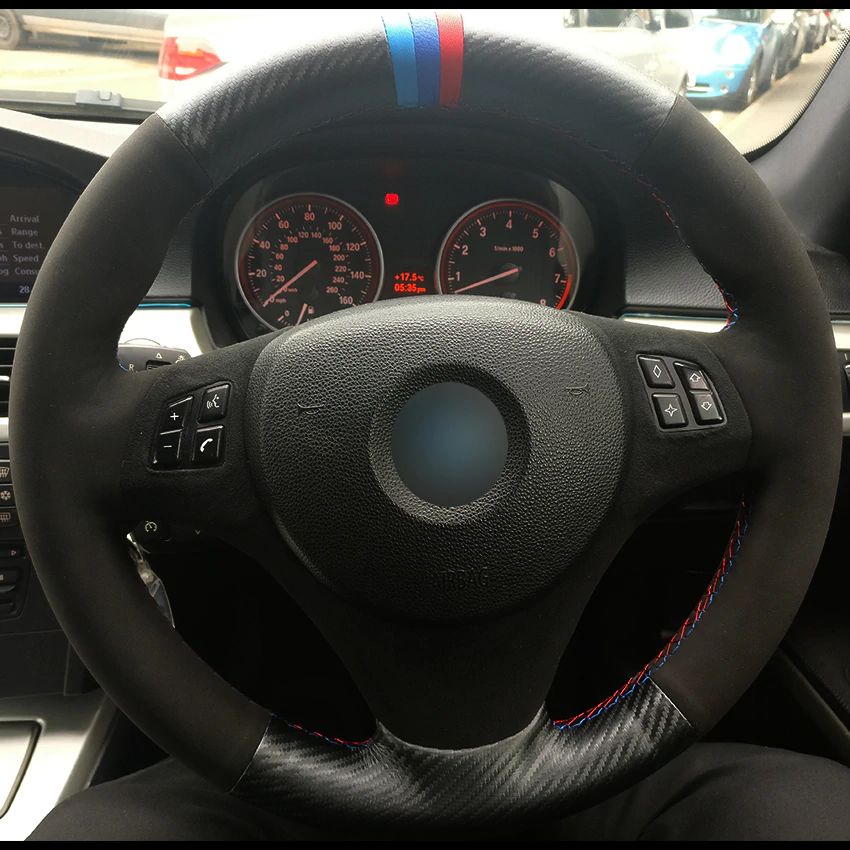 Carbon Fiber Leather Black Suede Car Steering Wheel Cover For BMW E90
