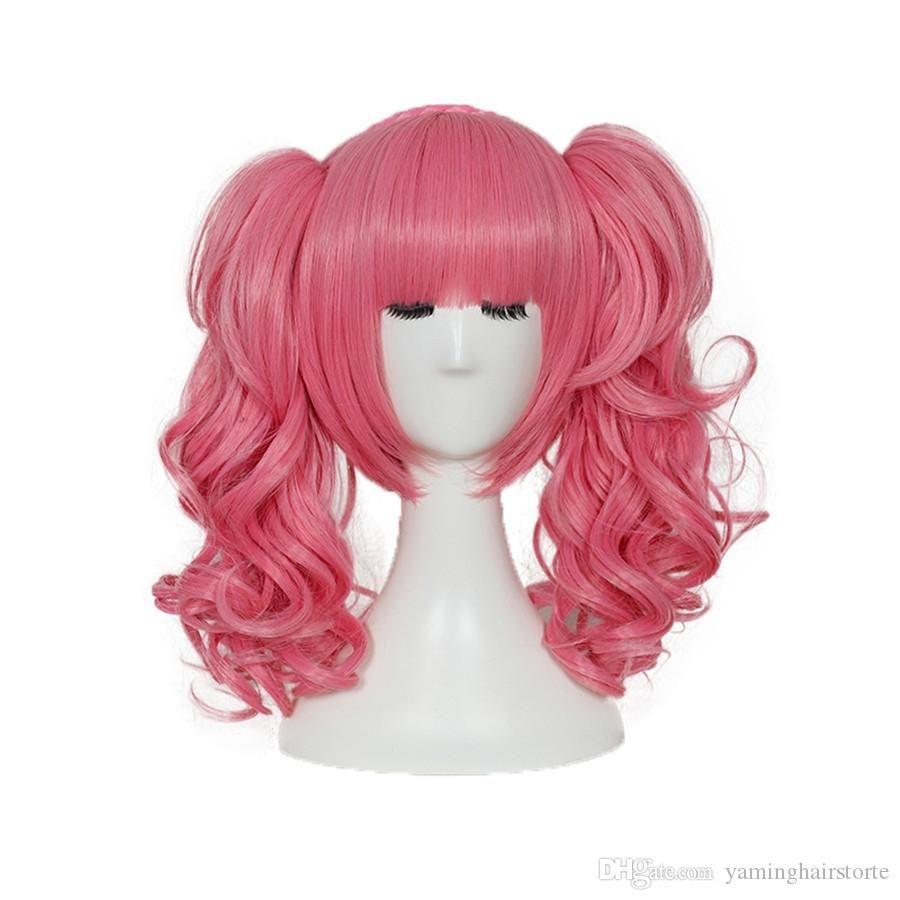 Short Anime Cosplay Wig Pink Color Synthetic Wigs With Two Ponytails