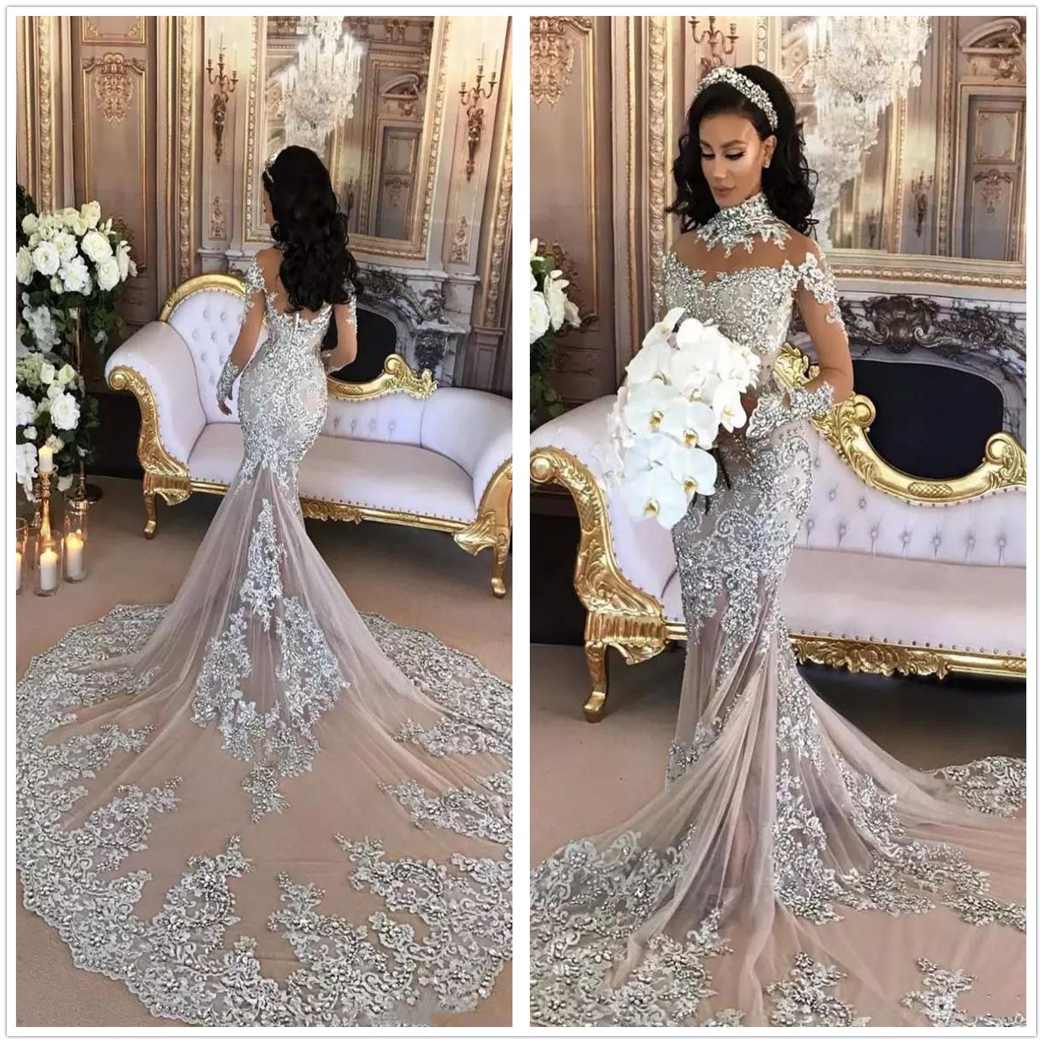 Dubai Arabic Luxury Sparkly Wedding Dresses Sexy Bling