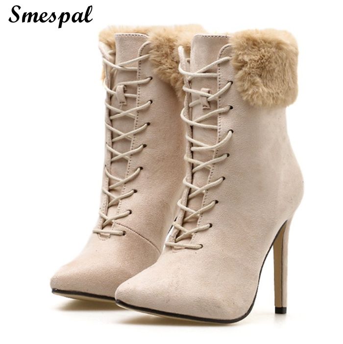 faux fur lace up heels