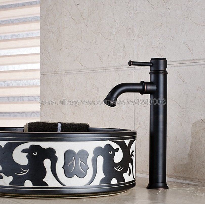 Black Oil Rubbed Bronze Basin Faucet Deck Mount Bathroom Vessel Sink Faucet Single Hole Handle Knf285