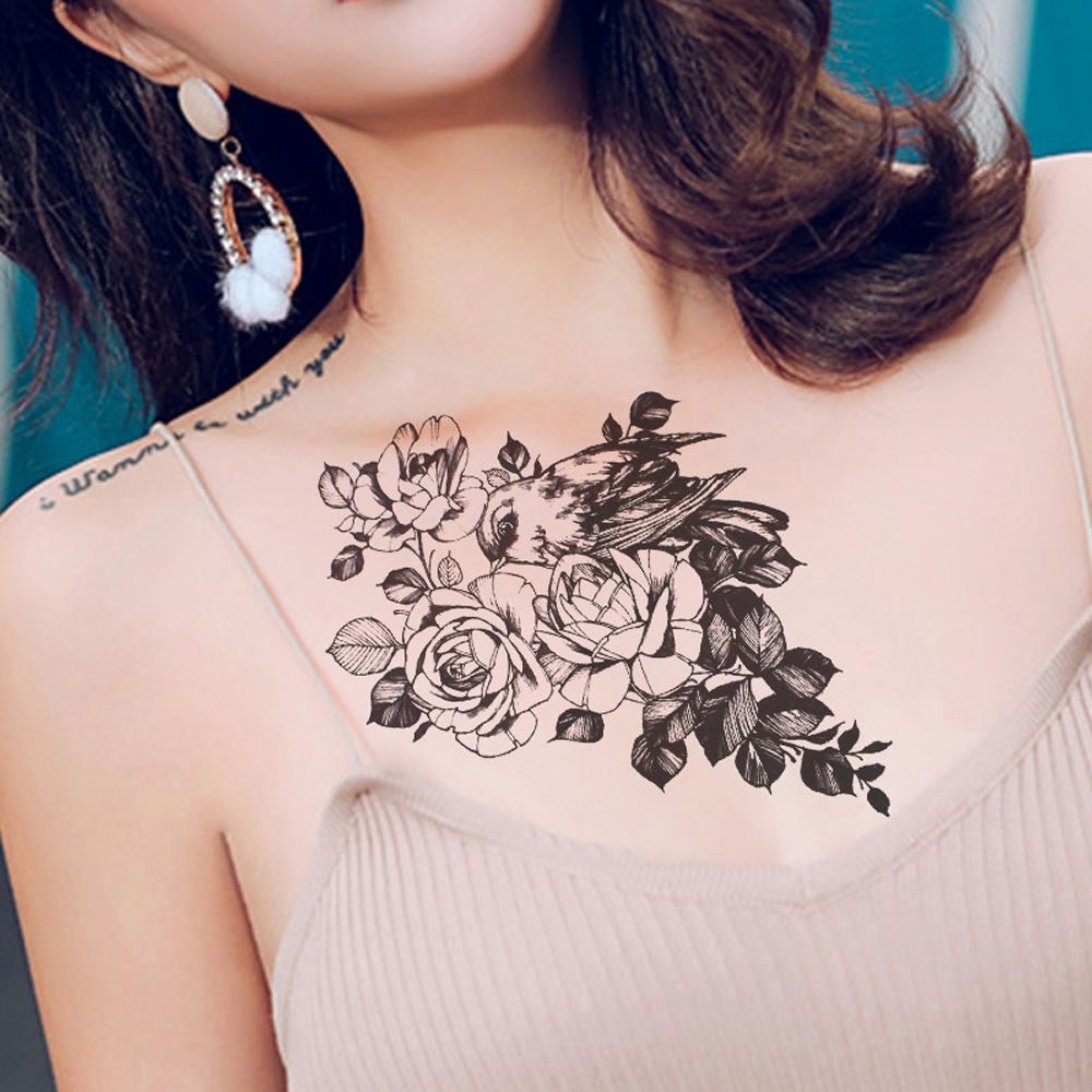 Acheter Grand Bras De Fleur Autocollant De Tatouage Temporaire Rose Et Oiseau Faux Manchon De Tatoo Flash Tatto Imperméable Body Art Femmes Cool Homme