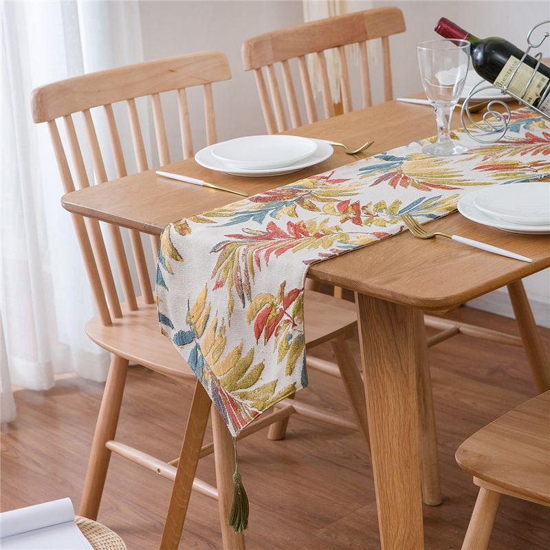 Tassel Gold Table Runners Modern Embroidered Leaves Cotton Linen