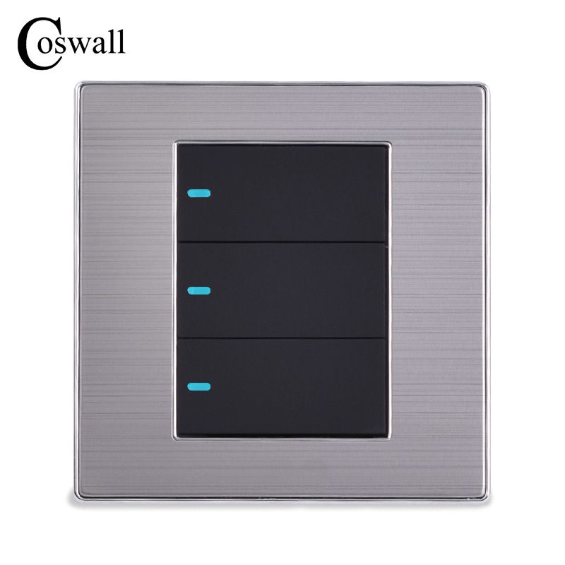 2020 3 Gang 1 Way Luxury LED Light Switch Push Button Wall Switch Brushed Silver Panel Power