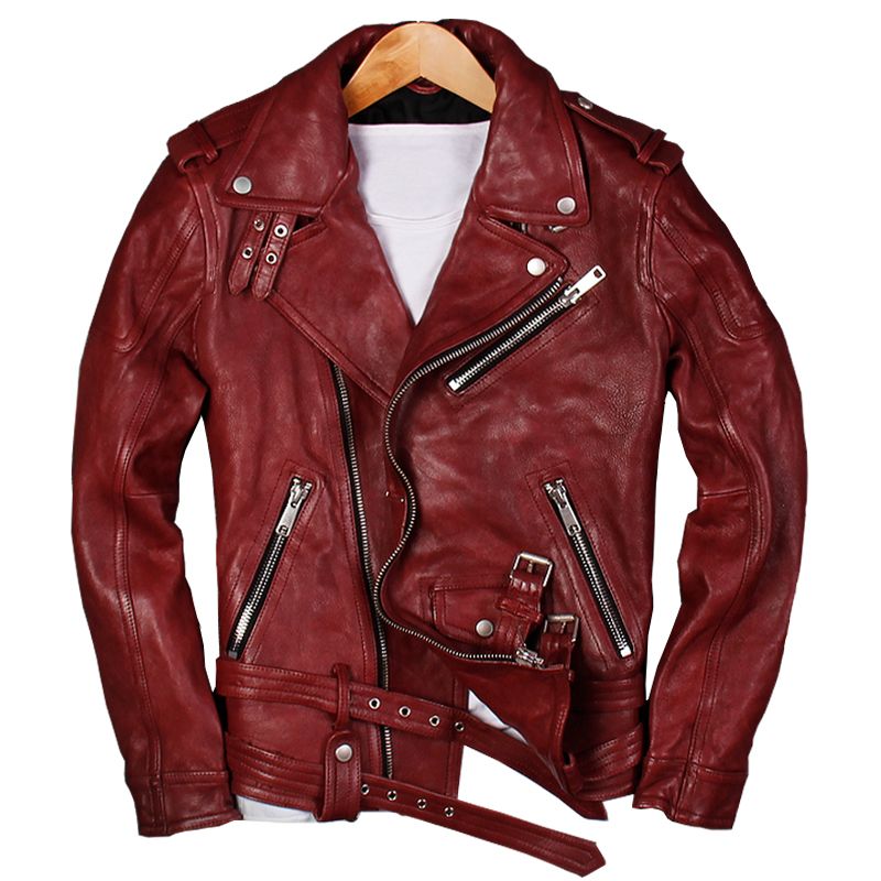 2018 Men Red Genuine Leather Motorcycle Jacket Plus Size Xl Real Sheepskin Diagonal Zipper Biker Coat Free