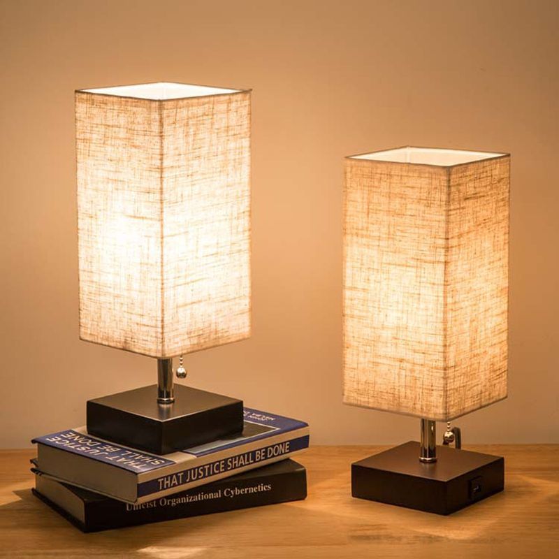Wood Base Fabric Shade Bedside Table Lamp With Usb Port Pull Switch Modern Design