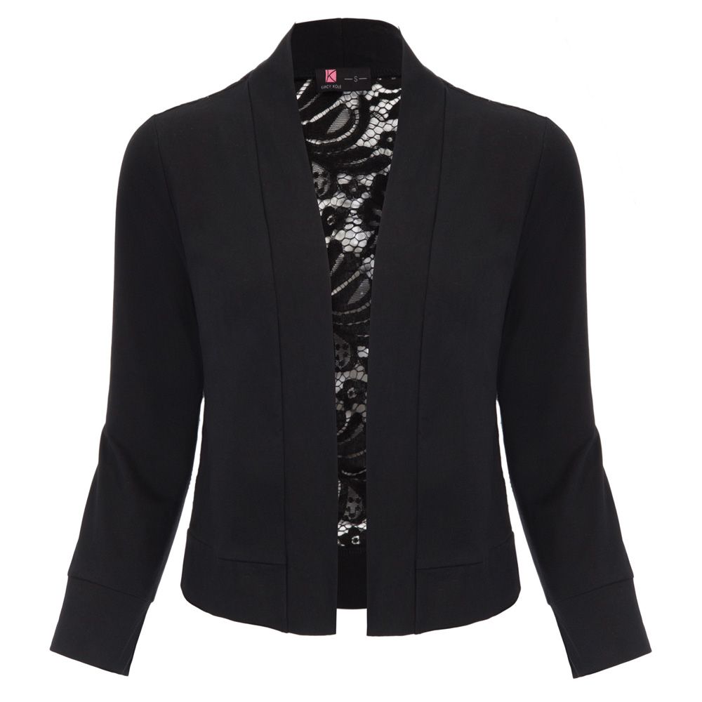 Kk Women S 3 4 Sleeve Open Front Lace Back Cropped Length Coat Bolero Shrug Classic Black Business