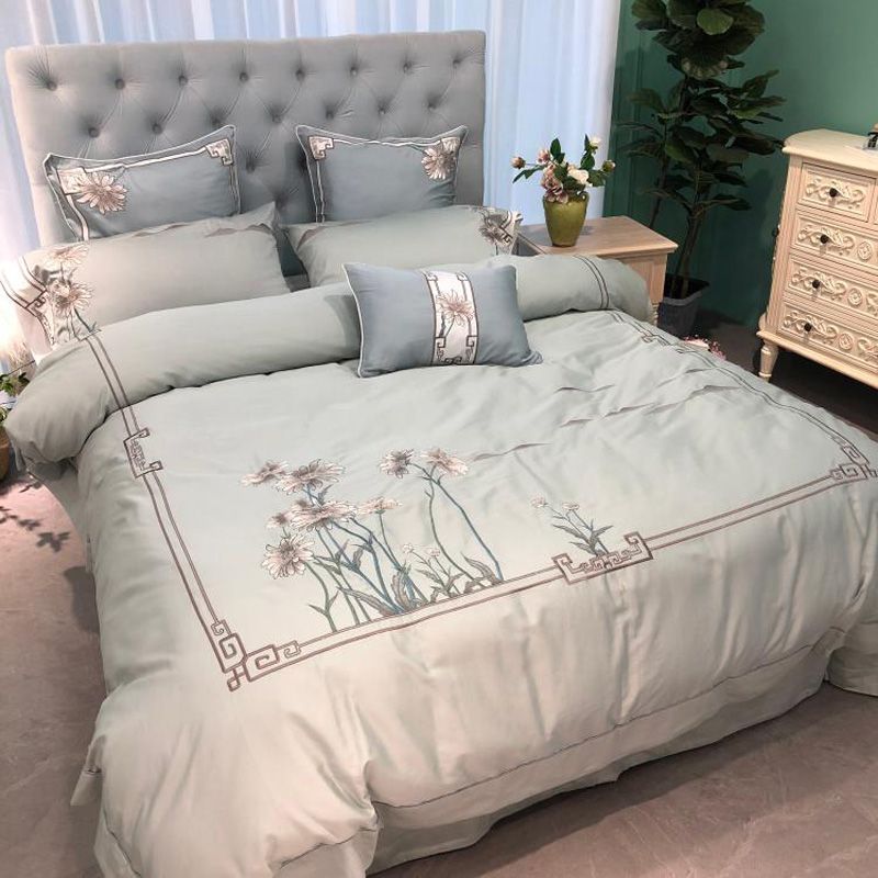 Perfect Embroidered Flower 80s Egyptian Cotton Bedding Set Queen Perfect Embroidered Flower 80s Egyptian Cotton Bedding Set Queen King Past Duvet Cover Bed Sheet Pillowcases Blue Striped Fl