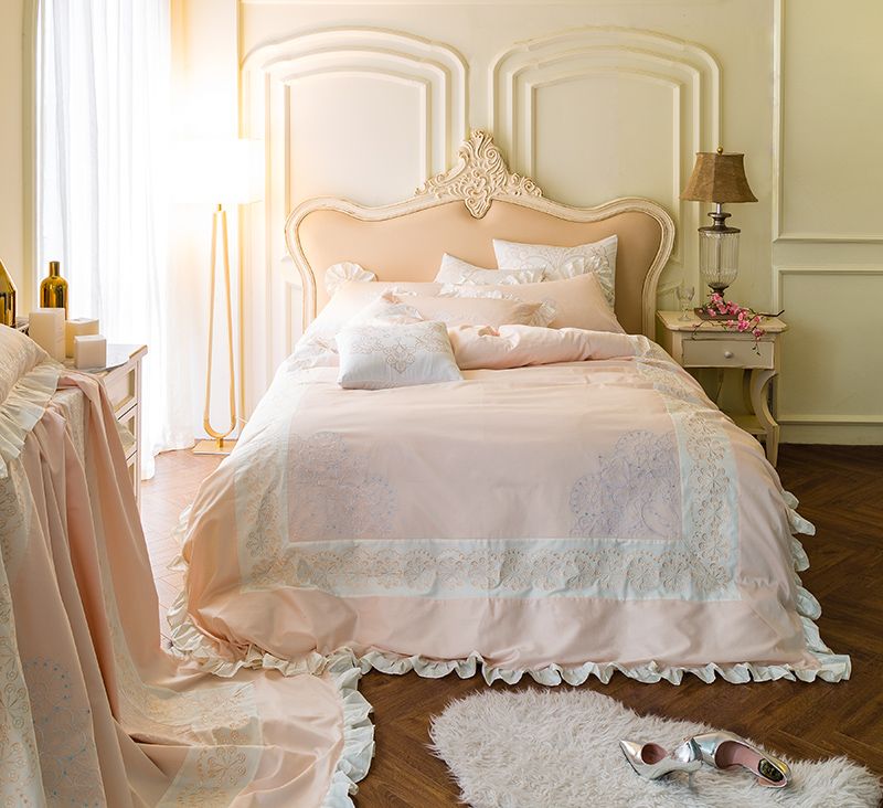 4pcs luxury egypt cotton elegant princess ruffles bedding set embroidery  duvet cover set bed sheet pillowcases queen king size