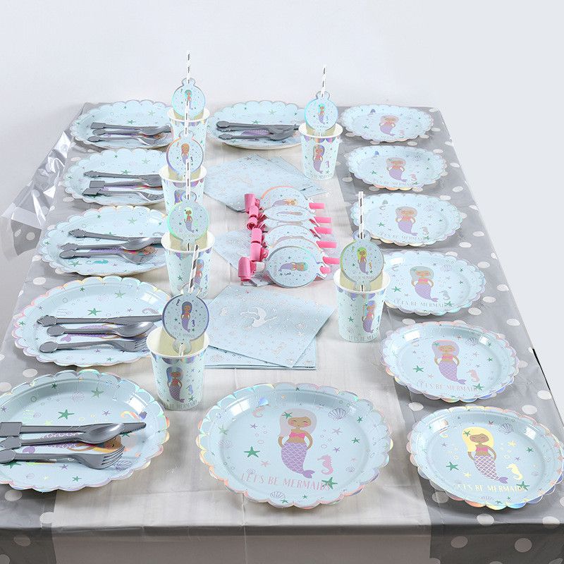 Baby Shower Silver Pressed Mermaid Theme Happy Birthday Party Decoration Napkins Plate Straw Wedding Q