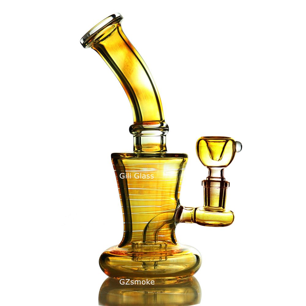 Smoked Yellow Bongs Glass Bong Heady Bubbler Pipes Gear Percolator