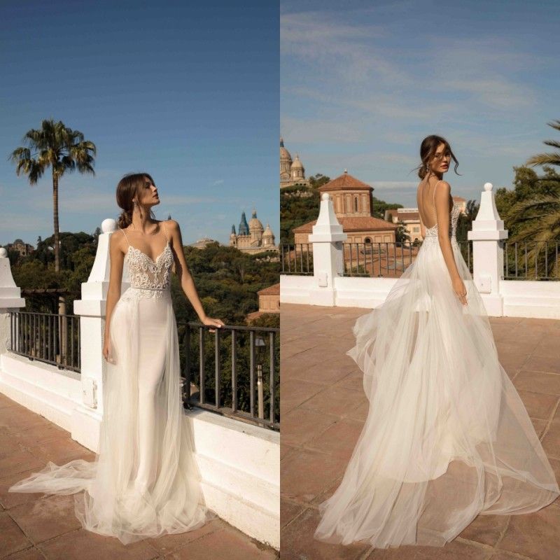 2019 Berta Mermaid Wedding Dresses With Detachable Train Spaghetti Lace Beads Beach Wedding Dress Appliqued Custom Made Country Bridal Gowns