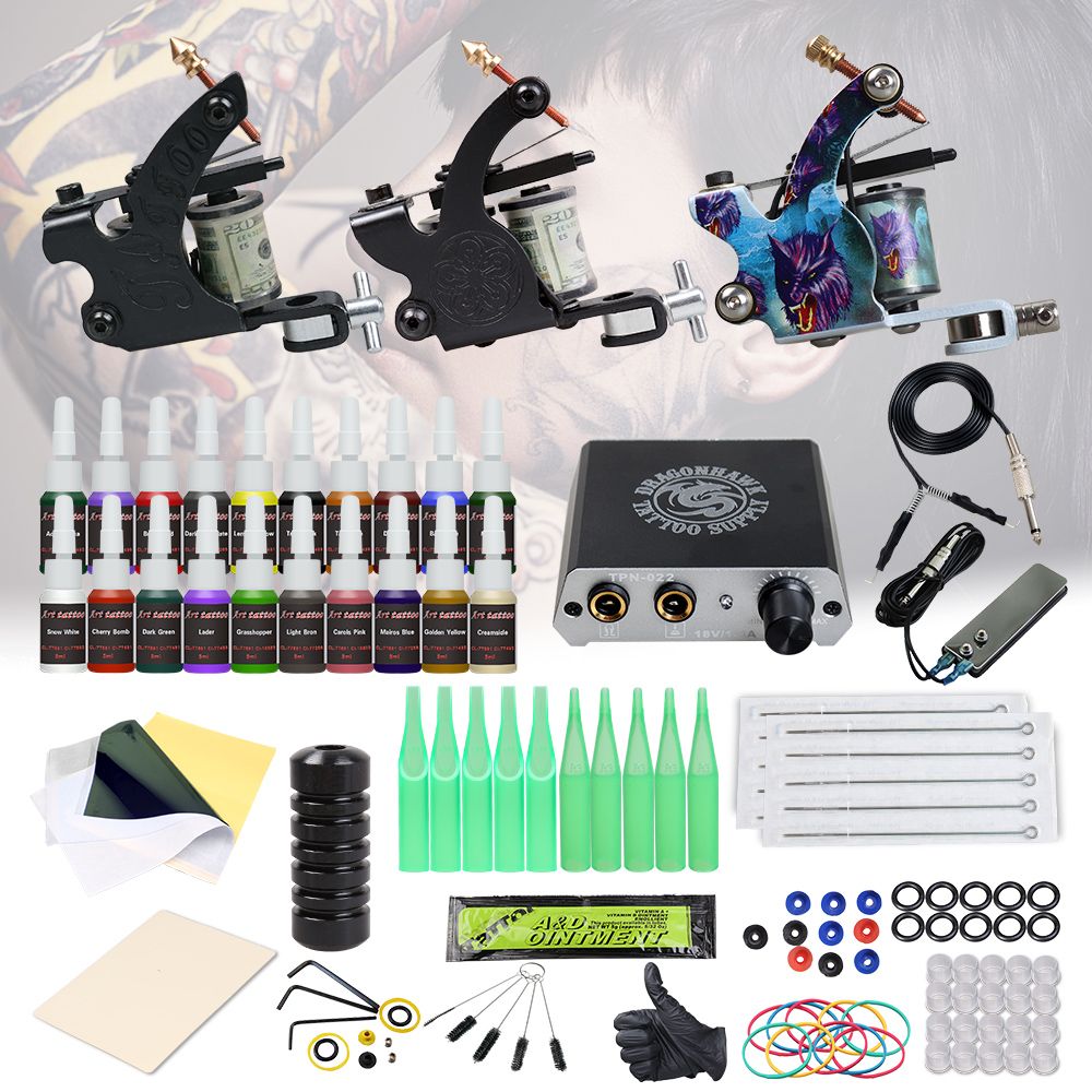 Complete Beginner Tattoo Kit 3 Machines Guns Inks Mini