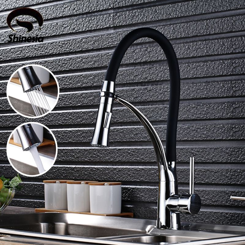Black And Chrome Finish Kitchen Faucet Deck Mount Pull Out Dual Sprayer Nozzle Hot Cold Water Sink Mixer Taps