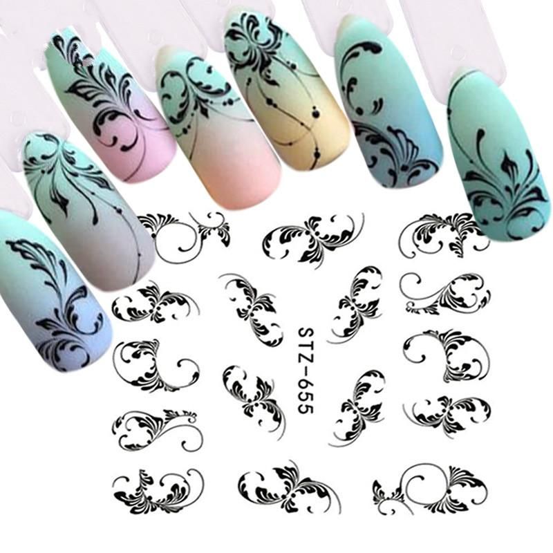Black Flower Vine Nail Water Sticker Leaf Lace Design Slider Nail