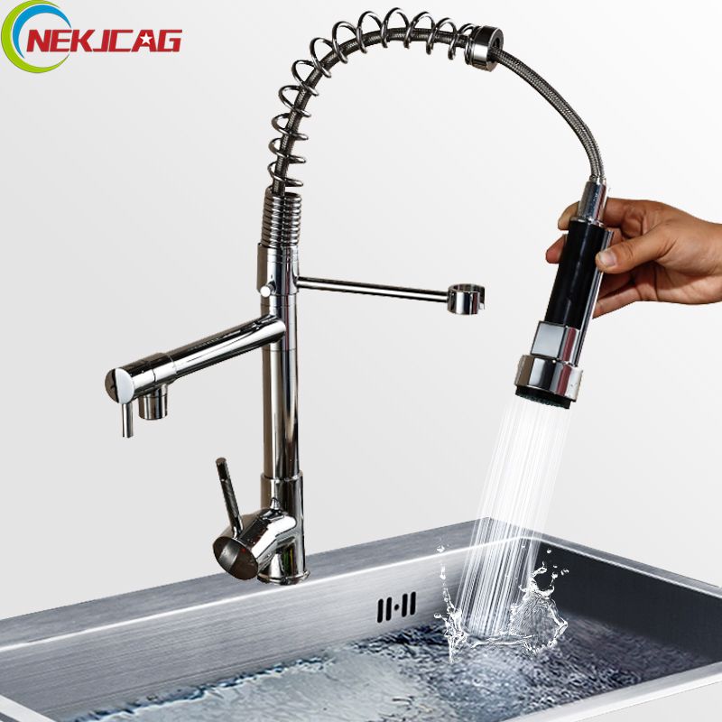 Chrome Finished Single Handle Double Spout Kitchen Faucet Deck Mounted Vessel Sink Mixer Tap Pull Out Sprayer Faucets