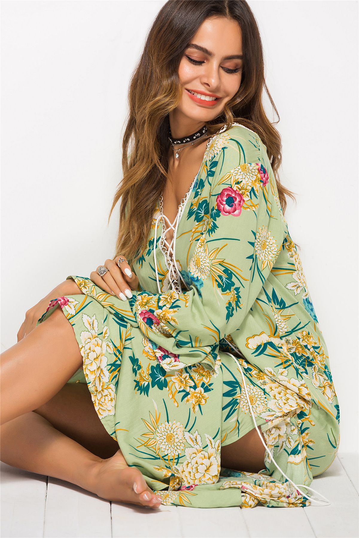 2019 Ladies Print Beach Sundress Sexy V Neck Bohemian Long Dress African Ethnic Summer Loose Split Vintage Kaftan Maxi Dresses