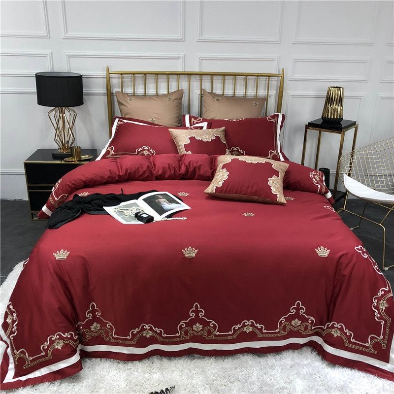 Green Red Egyptian Cotton Bedding Set Bed Sheet Crown Embroidery Green Red Egyptian Cotton Bedding Set Bed Sheet Crown Embroidery Comforter Duvet Cover Bedclothes Queen King Size Linens Sets Comforters