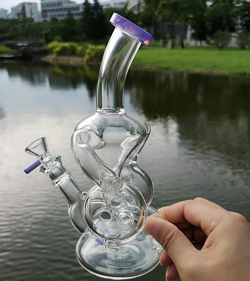 2019 Double Recycler Dab Rig Wax Glass Unique Bong Slitted Donut Perc