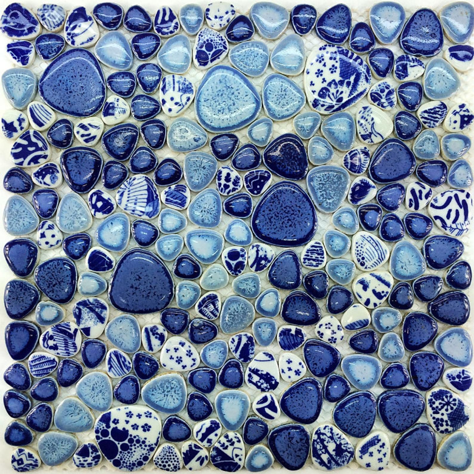 2021 Glazed Blue White Porcelain Wall Tile PPMT043 Pebble Porcelain Ceramic Heart Shape Mosaic