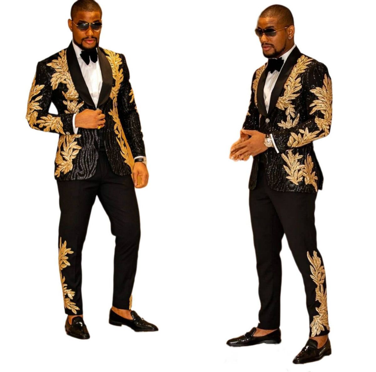 Fashion Black Men Suits With Gold Embroidery Beaded Two Pieces Shawl Lapel Designer Wedding