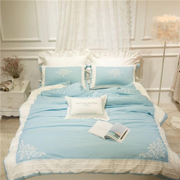 Pink Blue Green Embroidery Egyptian Cotton Silky Bedclothes Girls Bedding Sets Queen King Size Quilt Duvet Cover Bedsheets Set