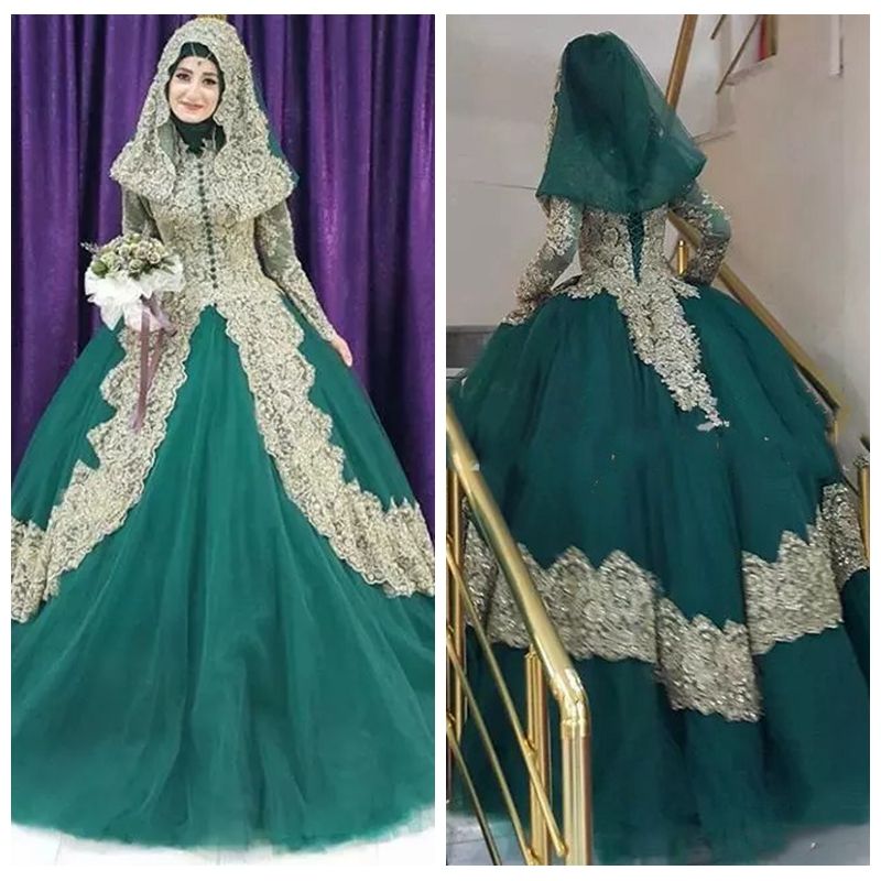 Acheter 2019 Modest Turc Islamique Robe De Bal Robe De Mariage Corset Retour Robe De Mariage En Dentelle Dorée Applique Hijab Dubaï Kaftan Musulman Robes De