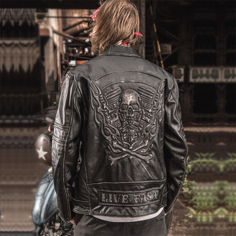 2018 New Men Vintage Skulls Genuine Leather Motorcycle Jackets Black Stand Collar Cowskin Slim Fit Winter Biker Coats
