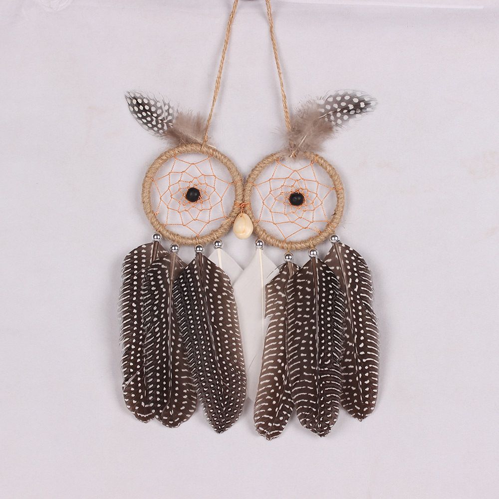 owl shape double ring wind chime feather pendant handmade wall car owl shape