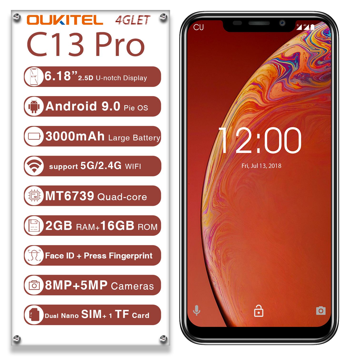 OUKITEL C13 Pro 5G 2 4G WIFI Android 9 0 Mobile Phone 6 18 19:9 2GB 16GB MT6739 4G LTE Face Unlock Fingerprint ID Smartphone